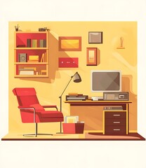 Home Office Illustration With Desk Chair And Bookshelf