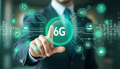 Fototapeta premium Businessman pointing at futuristic 6g network of the future