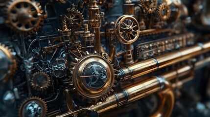 Fototapeta premium Steampunk workshop intricate machinery gears brass instruments vintage industrial brass tones