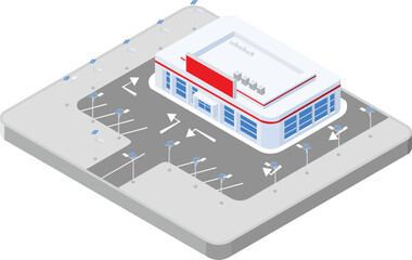isometric scene of community shopping mall center building and parking lot