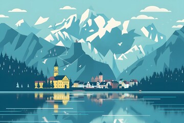 Snowy Mountain Landscape with Village and Lake Illustration