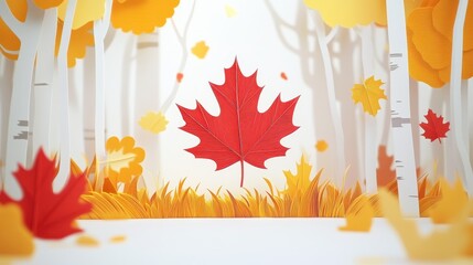 Stylized representation of an autumnal scene, featuring paper-cut trees and leaves