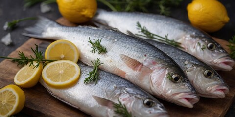 Raw sea bass fish fillets with ice and lemon.
