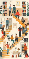 Colorful Illustration of People on a Staircase with Bookshelves and Plants