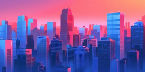 Neon Cityscape Illustration in Pink and Blue