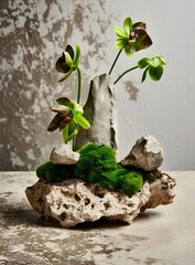 Stone Vase with Green Moss and Flowers