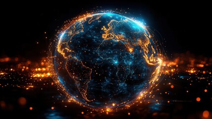 Obraz premium abstract visualization of global network connections glowing threads of light weaving between continents on a translucent globe symbolizing international communication and data flow