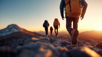 A group of hikers with backpacks treks towards a mountain summit at sunrise. The image captures adventure, determination, and the beauty of nature during an early morning hike.
