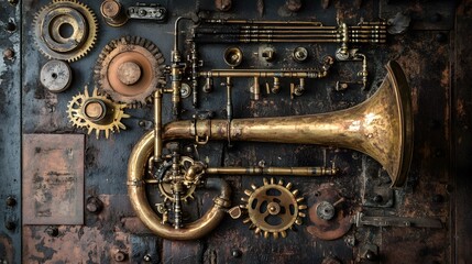 Steampunk workshop brass instruments gears intricate machinery vintage industrial heavy textures