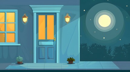 Night View of a House with Door and Window