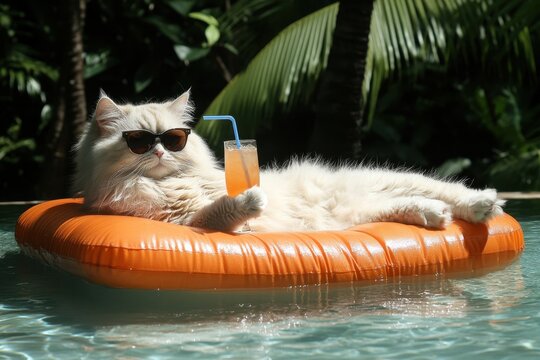 A relaxed cat enjoying a tropical vacation on a hammock with sunglasses and a drink by the ocean during sunset