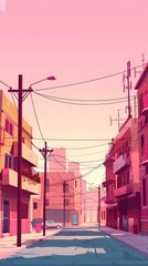 Fototapeta premium Empty Street with Houses in Pink Sky