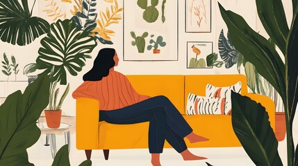 Woman Relaxing on a Yellow Sofa Surrounded by Plants