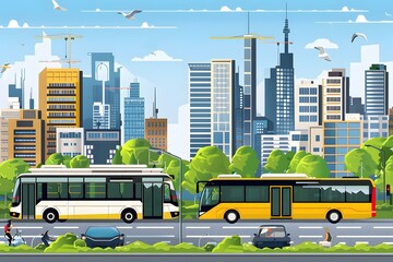 Obraz premium Cityscape with Buses and People Walking