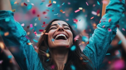 An exuberant scene of a person celebrating with raised arms amidst a shower of vibrant confetti, capturing the essence of joy, celebration, and festivity in mid-motion.