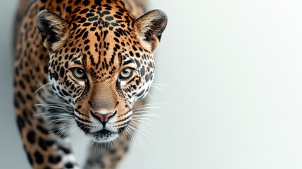 Obraz premium A leopard walking forward with an intense and focused stare, its sleek body and detailed fur patterns creating a powerful and commanding presence in the wild.