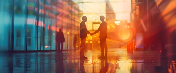 Businessmen Silhouettes Shaking Hands at Sunset in Cityscape Reflection