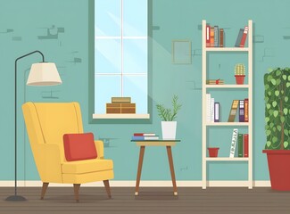 Cozy Living Room with Yellow Armchair and Bookshelf