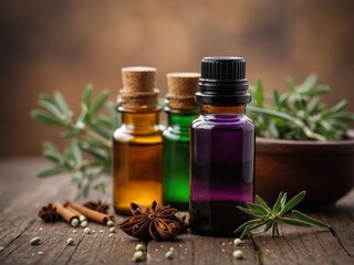Bottles of essential oils with spices on rustic table.