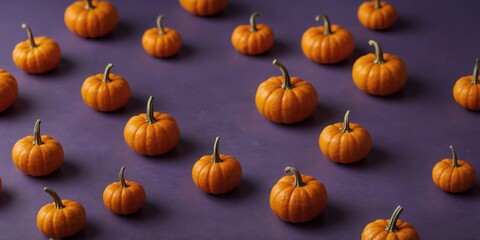 Small orange pumpkins in a row on violet background.