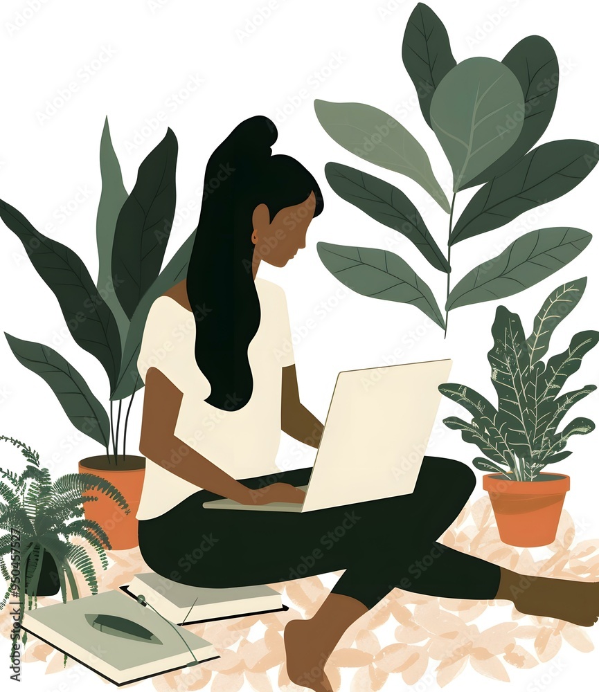 Sticker Woman Sitting with Laptop and Plants