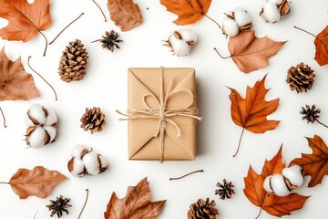 autumn or winter composition. gift, dried autumn leaves, cotton flowers on white background. flat lay, top view