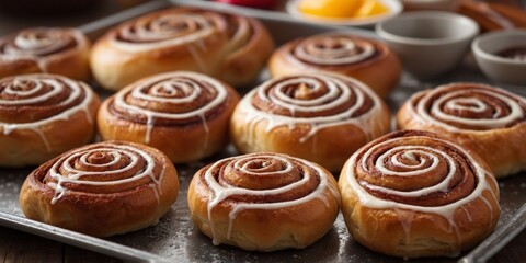 Fresh Cinnamon rolls pastries on baking tray.