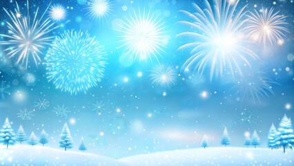 Blue and White Fireworks over a Snowy Winter Landscape with Copy Space