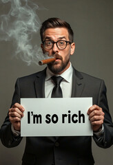 Businessman smoking cigar holding sign saying i'm so rich