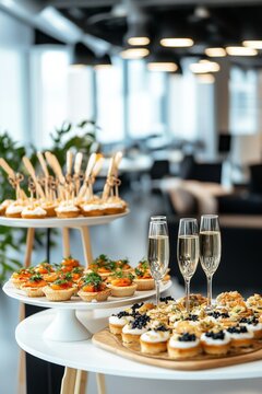 Catering setup in a modern office interior with tables featuring tartlets, snacks, canap&eacute;s, and champagne. The scene highlights a sophisticated office event and elegant refreshments.