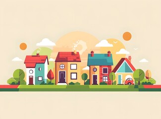 Fototapeta premium Colorful Houses with Sun and Clouds Illustration