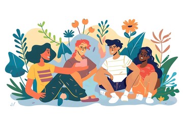 Fototapeta premium Group of diverse friends sitting together in a garden