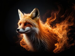 Fototapeta premium abstract 3d background with red fox on black background, A scary fox face logo in the fire on a white background. A magical creature made of fire