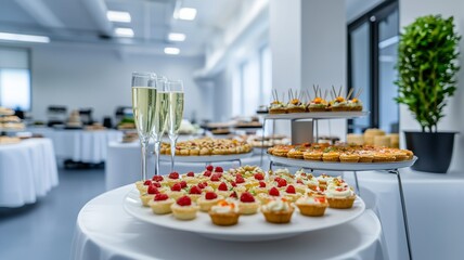 Catering setup in a modern office interior with tables featuring tartlets, snacks, canapés, and champagne. The scene highlights a sophisticated office event and elegant refreshments.