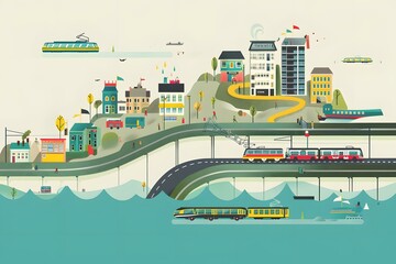 Obraz premium Cityscape Illustration with Buildings, Trains, and Boats