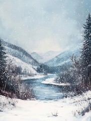 Fototapeta premium Heavy snowfall blanketing a mountain landscape, winter weather, cold and serene