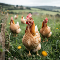 Fototapeta premium Chickens Grazing in a Lush Meadow