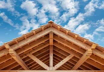 Fototapeta premium Wooden Roof Structure Against Blue Sky