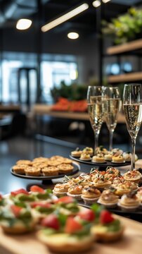 Catering setup in a modern office interior with tables featuring tartlets, snacks, canap&eacute;s, and champagne. The scene highlights a sophisticated office event and elegant refreshments.
