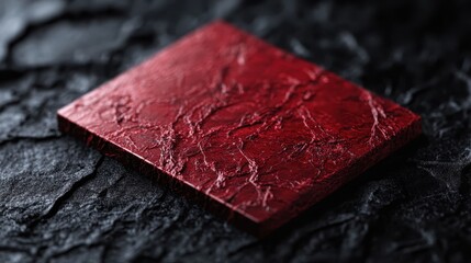 A striking red textured square sits on a dark, rough surface, offering a vibrant contrast, likely crafted for artistic purposes with emphasis on vivid textures and color saturation.