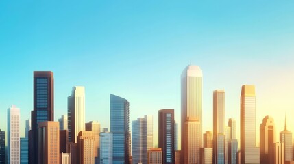 Fototapeta premium Stunning skyline at sunset with a clear blue sky, showcasing modern skyscrapers and urban architecture, perfect for various projects.