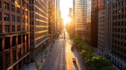 Fototapeta premium A stunning sunset casts golden light over a city street, highlighting towering buildings and creating a serene urban atmosphere.
