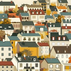 Naklejka premium Autumn Cityscape Illustration with Colorful Houses