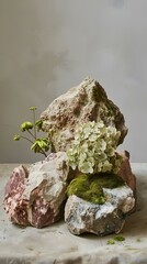 Still Life with Stones, Moss, and Flowers