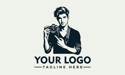 Man, black and white, holding, camera, vector logo Man in leather jacket, holding camera in black and white. Suitable for website banners, social media posts, and photography blogs.
