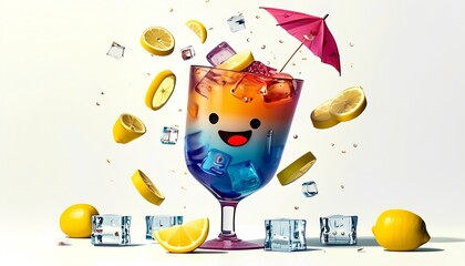 A glass of soda with lemons and ice cubes around it and a umbrella flying above it and a few lemons around it