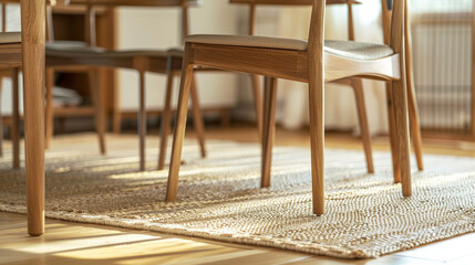 Close-up of a dining area with a woven rug under the table, showing the texture of the rug and the legs of the table and chairs.