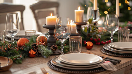 Close-up of a dining table set for a holiday meal, featuring themed decorations, festive tableware, and candles.