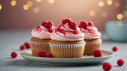 Delicious cupcakes with raspberry topping on pastel background.