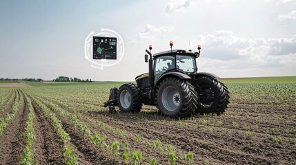 Fototapeta premium A futuristic tractor equipped with IoT sensors and GPS technology, working on a vast farmland. The tractor is autonomously navigating the field, with sensors monitoring soil conditions and crop